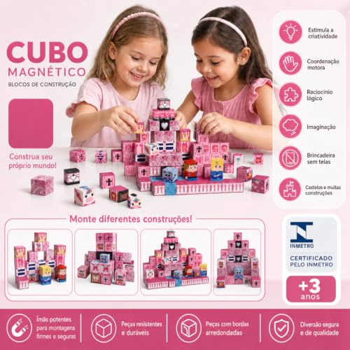 Blocos de Construção Magnéticos Castelos e Princesas, 80 Peças, Fansikids, Mini Cubos Educativos Empilháveis, Brinquedo Criativo para Crianças 3+ Anos, Kit Montagem com Ímãs