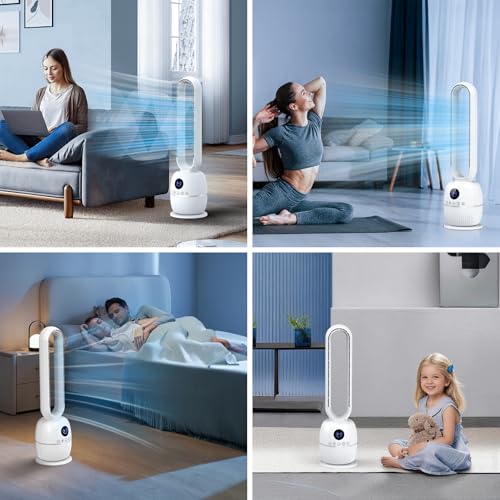 Teoryieer Tower Fan Without Blades, 90 cm Fan Without Blades, DC Motor, 12 Speeds, 12H Timer, Remote Control, LED Display, Automatic Oscillation 60°