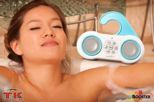 ShowerBooster Bluetooth Wireless Waterproof Shower Speaker & Handsfree Speaker Phone, Works with All iOS & Android Devices Including Siri on iPhone & iPad (White with Blue Trim)
