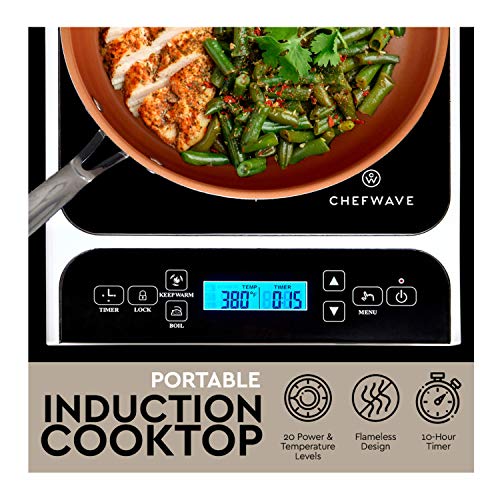 ChefWave CW-IC01 1800W Portable Induction Countertop Burner - Bonus 10" Copper Frying Pan - 20 Power/Temp Settings Digital LCD Touch Kitchen Cooktop Electric Cooker - Energy Efficient, Safety Lock