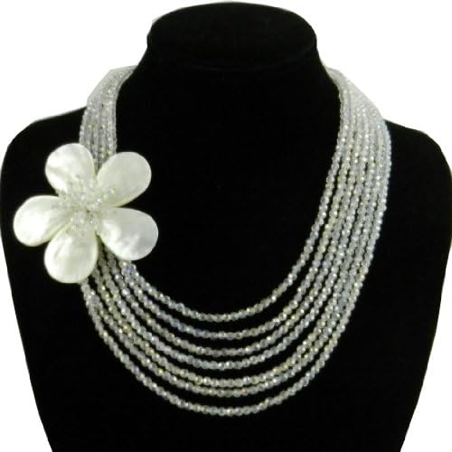 Ploy! Multi 7 Strand Necklace Flower White MOP Shell Sparkly Clear Crystal Layer 0.925 Artisan PN16