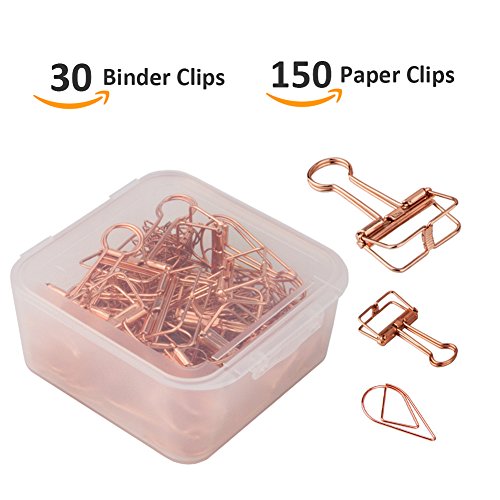 30 Pcs Rose Gold Binder Clips and 150 Pcs Paper Clips, Assorted Size Smooth Wire Binder Clips and Paperclips in Durable Storage Box by DeedyGo