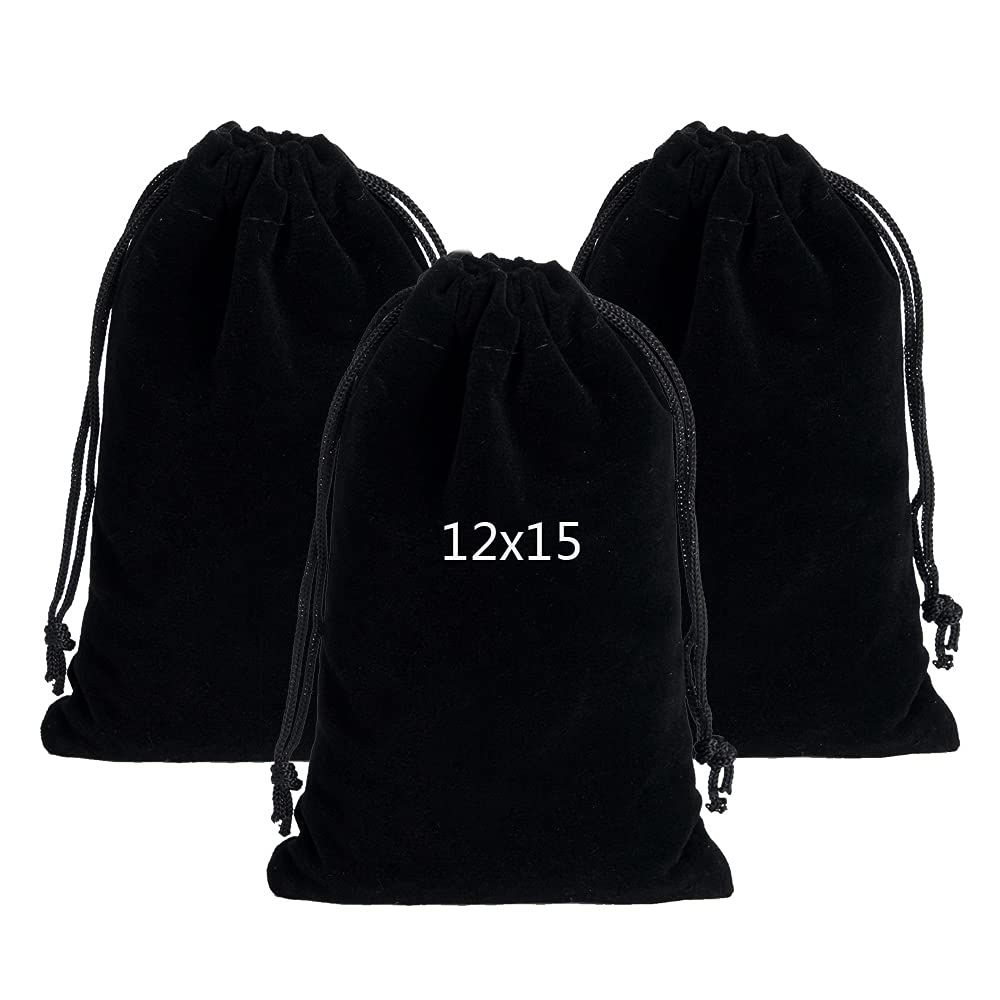 kuou 10 Pcs Jewellery Pouches, 12x15cm Black Velvet Drawstring Bag Big Size Jewellery Gift Bags for Jewelry Gift ID Card Passport Packaging