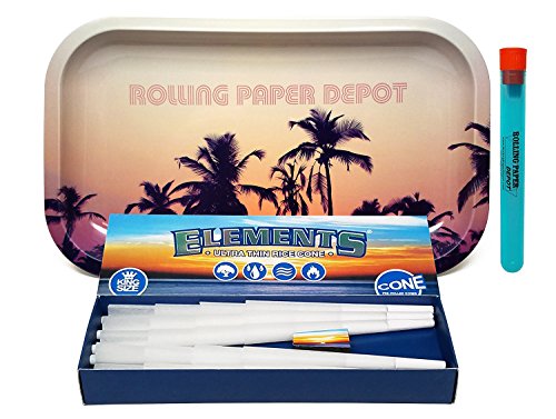 Bundle - 3 Items - Elements Pre Rolled Cones - King Size - 40 Pack with Rolling Paper Depot Rolling Tray (Retro Palms) and Doob Tube