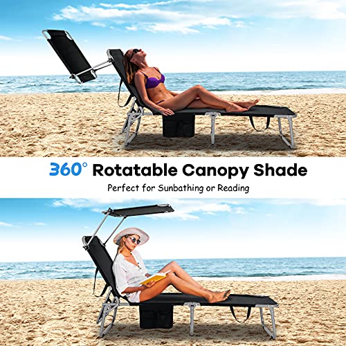 GYMAX Folding Chaise Longue, Adjustable Beach Chair with Canopy Sun
