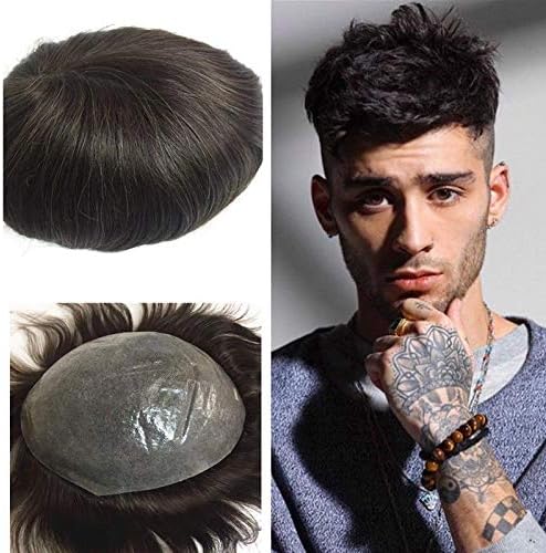 Toupee With Human Hair Natural Skin PU Hair Pieces for Men Hair Replacement Color 1B Toupee
