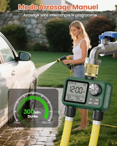 2 Way Water Timer with Brass Inlet, Large LCD Display, Automatic Watering for Garden, Programmable Irrigation, Simple Use, Rain Delay Manual Watering for Lawn