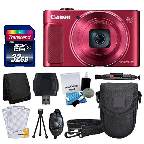 Canon PowerShot SX620 HS Digital Camera (Red) + Transcend 32GB Memory Card + Point & Shoot Camera Case + Card Reader + Card Wallet + Cleaning Kit + Screen Protectors + Tripod – Deluxe Accessory Kit