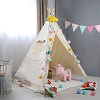 Han cheng he Kids Tent Portable Cotton Canvas Tent Playhouse Tents Photography Props Teepee for Girls Boys Babies Toddler with Curtains Window Indoor Room Decoration Childrens Teepee Girls and Boys