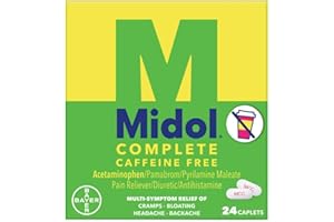 Midol Complete Caffeine Free Caplets 24ct: Midol Complete Caffeine Free Menstrual Pain Relief Caplets with Acetaminophen, Provides Headache Relief and Period Cramps Relief, 24 Count