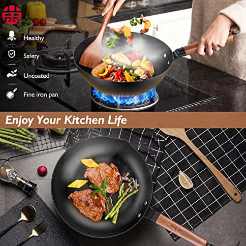 WANGYUANJI Carbon Steel Wok Pan, 11" Flat Bottom Woks and Stir Fry Pans