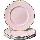 UOEKCS Pink scalloped charger plates with Gold rim, 13" Round Chargers for Dinner Plates, Set of 6 Plastic Plate Chargers for Weddings, Parties, Tabletop Decor.