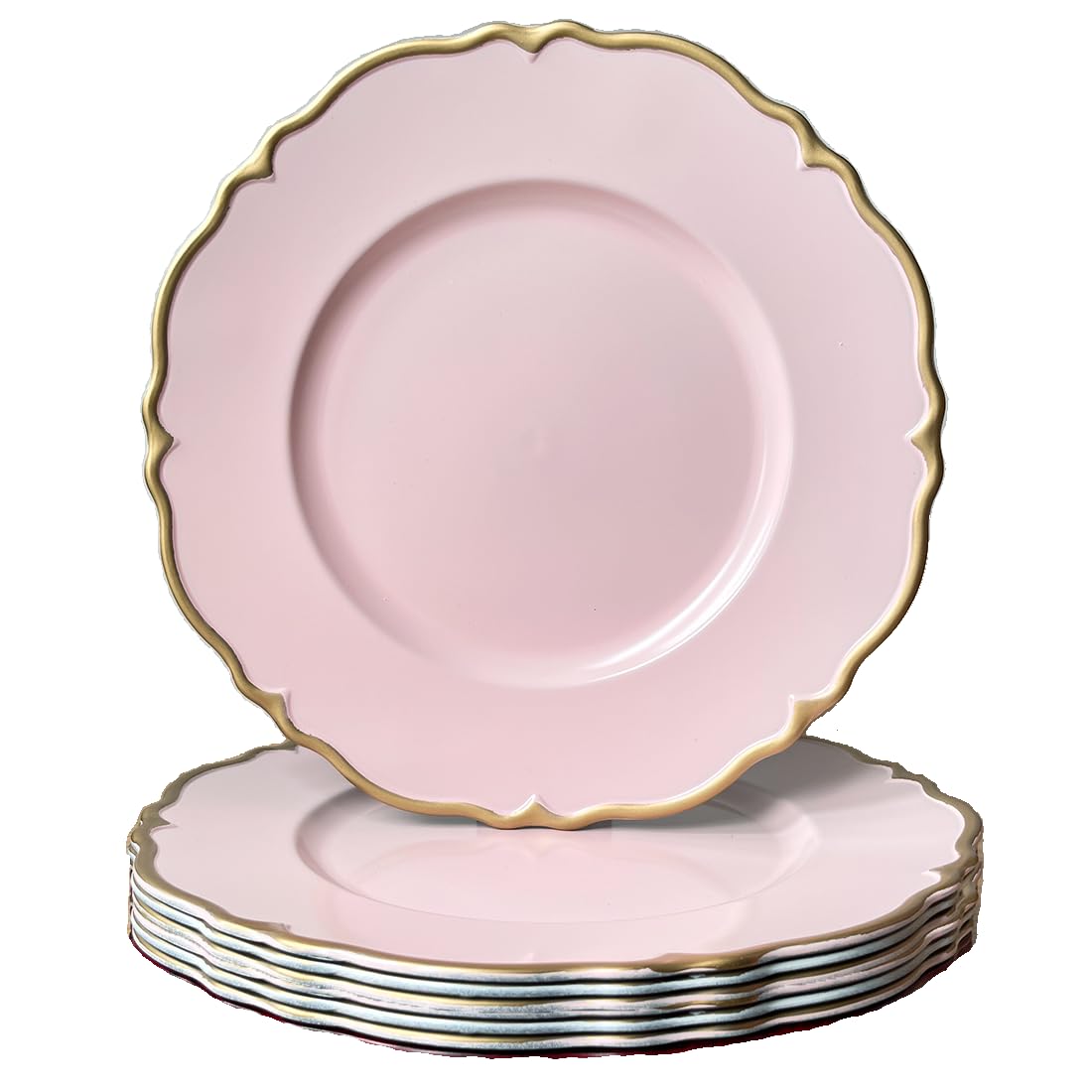 UOEKCS Platos cargadores festoneados de color rosa con borde dorado, cargadores redondos de 13 para platos llanos, juego de 6 cargadores de platos de plástico para bodas, fiestas, decoración de mesa.