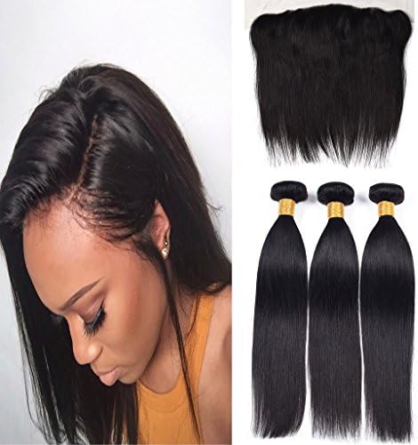 Ali AMY Brazilian Straight Hair Ear to Ear Lace Frontal Free Part Closure Straight Hair Closure With 3 Bundles Brazilian Virgin Human Hair Weave Bundles Natural Color (10,10,12+10 Inch)