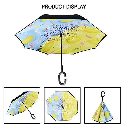 MRTLLOA Double Layer Inverted Umbrella with C-Shaped Handle, Anti-UV Waterproof Windproof Straight Umbrella for Car Rain Outdoor Use (N-Lemon)