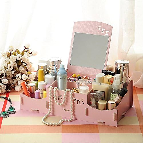 Saumota Lovely Removable Desktop DIY Wood Makeup Organizer Cosmetic Storage With Mirorr-Pink