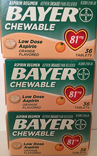 Bayer Chewable Low Dose Aspirin, 81 mg Tablets, Orange 36 ea (Pack of 3)