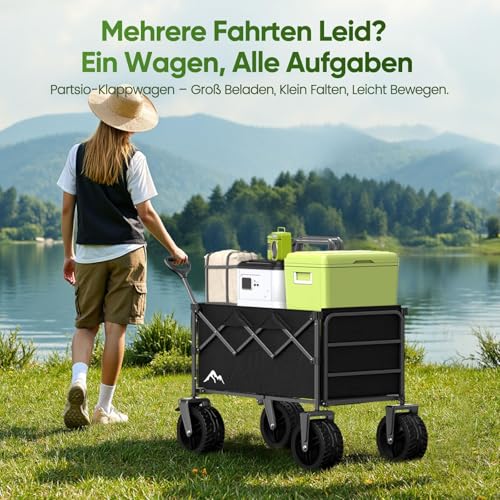 XXXL Bollerwagen Faltbar 300L mit Verstellbarer Heckklappe, 200 KG Belastbar, 360°-Schwenkbare All-Terrain-Räder & Doppelbremsen, Verstellbarer Griff & 2 Netztaschen，Strand/Wanderung/Camping/Einkauf