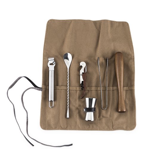 Foster & Rye Canvas Cocktail Kit Bar Tool Set, Brown