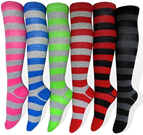 Ladies Cute Colorful Design Knee High Socks Assorted 6-Pack (09 - 11, Stripe)