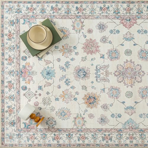 PureCozy Rugs Living Room 200x300cm Beige Washable Non Slip Large Vintage Area Bedroom Rug Bedside Nursery Lounge Office Playroom Indoor Big Carpet Low Pile Carpets Retro