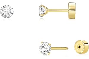 SWEETKIKI Threadless Flat Back Earrings, Hypoallergenic 14K Real Gold Plated CZ Stud Earrings | Cartilage Earring | Tragus Helix Piercing Jewelry | Push in Flatback Earrings for Women Men