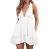 Febriajuce Womens Summer Mini Dress Loose Ruffle Deep V-Neck Backless Strap Solid Casual Short Dresses with Pockets