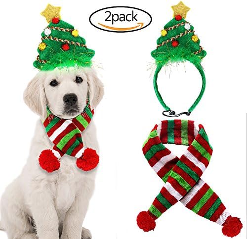 B Bascolor Pet Costume Christmas Tree Headband Scarf Adjustable Elastic Bungee Christmas Fancy Costume for Cats Dogs (L)