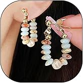 Bohemian Natural Stone Hoop Earrings Colourful Pearl Beaded Stone Statement Earrings Trendy Birthday Jewelry Accessory Presents for Women Wife