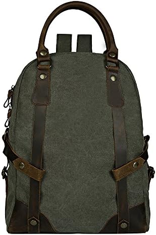25L Vintage Canvas Leather Backpack for Men, FRFUN 17.3inch Laptop Backpack Waterproof Casual Rucksack Satchel School Bookbag Hiking Travel Rucksack Mountaineering Bag - Army Green