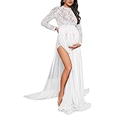 ZIUMUDY Long Sleeve Lace See-Through Maternity Gown for Photography with Maxi Chiffon Skirt Photo Shoot Dress