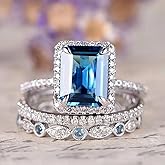 RKKOJJO 925 Sterling Silver Ring 3 Piece Set Engagement Ring Cubic Zirconia Ring Gemstone Rings Blue Diamond Ring Statement Ring Eternity Band Wedding Rings for Women Size 9, CS589969-101-9