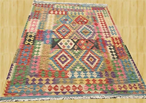 Afghan Oriental Hand Woven Chobi Vegetable Dyed Wool Kilim Area Rug 6.4 x 5.0 FT (3977)