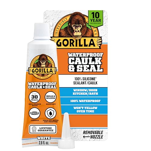 Gorilla 100% Silicone Caulk, Waterproof Sealant, 2.8oz Squeeze Tube, White