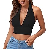 Rooscier Women's Deep V Neck Halter Tie Back Sleeveless Backless Cami Crop Top