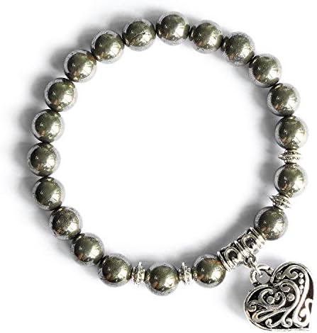 MHZ JEWELS Natural Gemstone 8mm Beaded Bracelet Vintage Heart Charm Pendant Stretch Beads Bracelet Gifts for Women