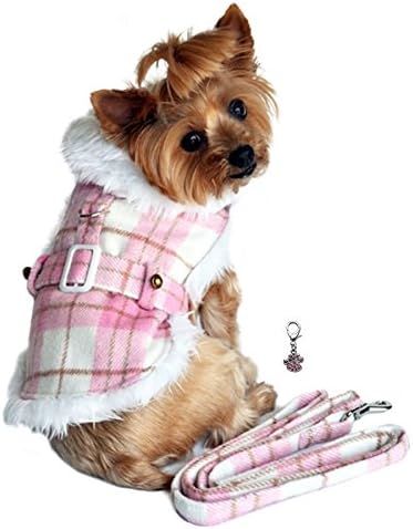 Doggie Design Charmed Winter Harness Coat with Matching Leash Set - Dog Size (Medium- Chest 16"-19" Neck 12"-14", Pink Brown Plaid)