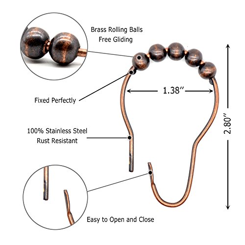 AMS Shower Curtain Hooks Rings - 100% Stainless Steel - Decorative with Polished Metal Frame,Set of 12 Rings (Bronze)