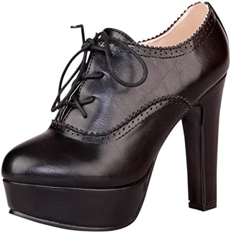 Waltz Choice Women's High Heels Platform Pumps Lace Up Oxford Shoes Spring Autumn Casual (US 8=EU39=Foot Length 24.5cm, Black)