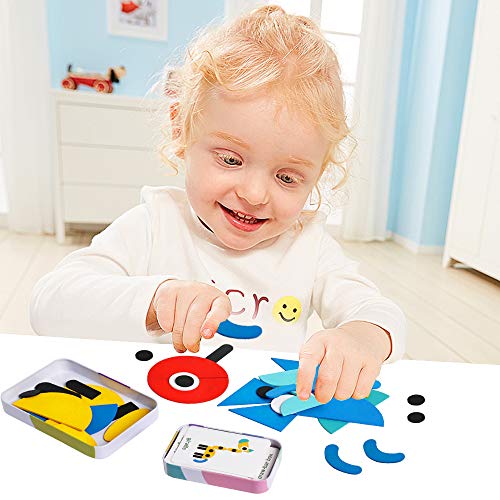 JCREN Wooden Pattern Blocks Animals Jigsaw Shape Puzzle Travel Sorting and Stacking Games Montessori Educational Toys for Toddlers Kids 2+ Years Old (36 Shape Pieces and 60 Design Cards in Iron Box