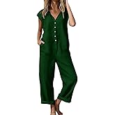 SCRRMZO Linen Rompers for Women Casual Short Sleeve Button Down Overalls Wide Leg Loose Jumpsuit with Pockets
