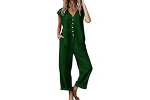 Women's Button Down Gauze Jumpsuits Cotton Linen Sleeveless Casual Wide Legs Rompers Loose Overall Pants with Pockets