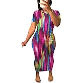 Women's Casual Short Sleeve Dress T Shirt Bodycon Dresses Ribbed V Neck Maxi Sundress Basic Party Club Dress-Color Block-L