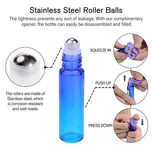Essential Oil Roller Bottles 10ml by PrettyCare (12 Pack Rainbow Glass, Silver Cap, 24 Labels, 2 Extra Roller Balls, Opener, 2 Funnels) Roller Balls for Essential Oils, Roll on Bottles