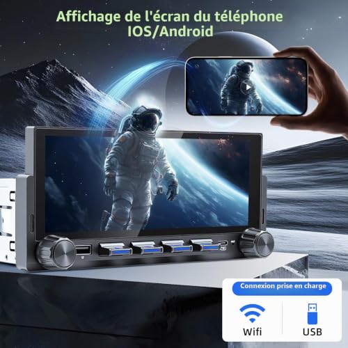 Autoradio 1 DIN Bluetooth avec sans Fil CarPlay et Android Auto - 6,86 Pouces HD Ecran Tactile,Wireless Autoradio avec Caméra de Recul，Bluetooth,Mirror Link,FM Radio,EQ,Mic,USB,Type-C, Navigation GPS