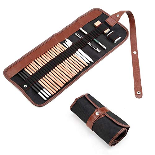 Soosee 29 Pieces Professional Sketching & Drawing Art Tool Kit with Graphite Pencils, Charcoal Pencils, Paper Erasable Pen, Craft Knife-Lightwish (Without Sketchbook, Canvas Rolling Pouch)