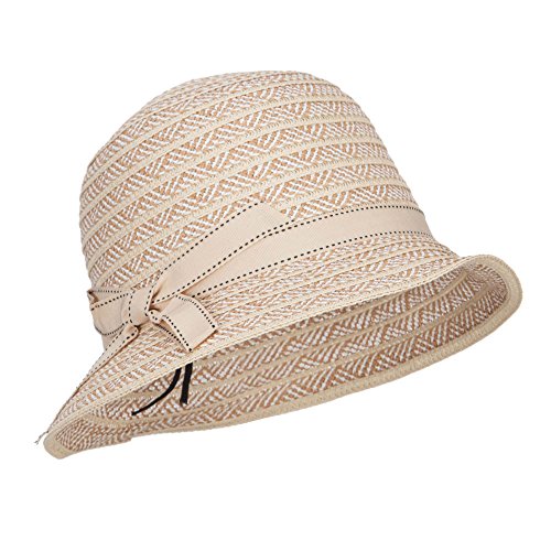 Women's Bow Toyo Braid Cloche - Tan White OSFM