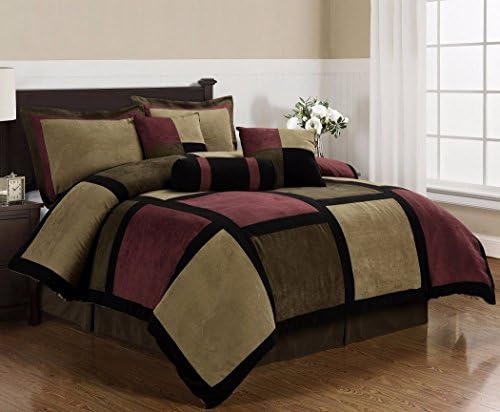 Brown Burgundy Black Microsuede Patchwork 7-Piece Duvet Cover Set, Cal King