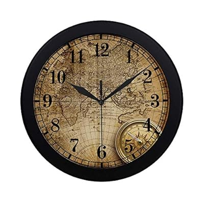 InterestPrint Nautical Old Compass and Rope On Vintage World Map Modern Round Wall Clock Decorative Quartz Clock for…