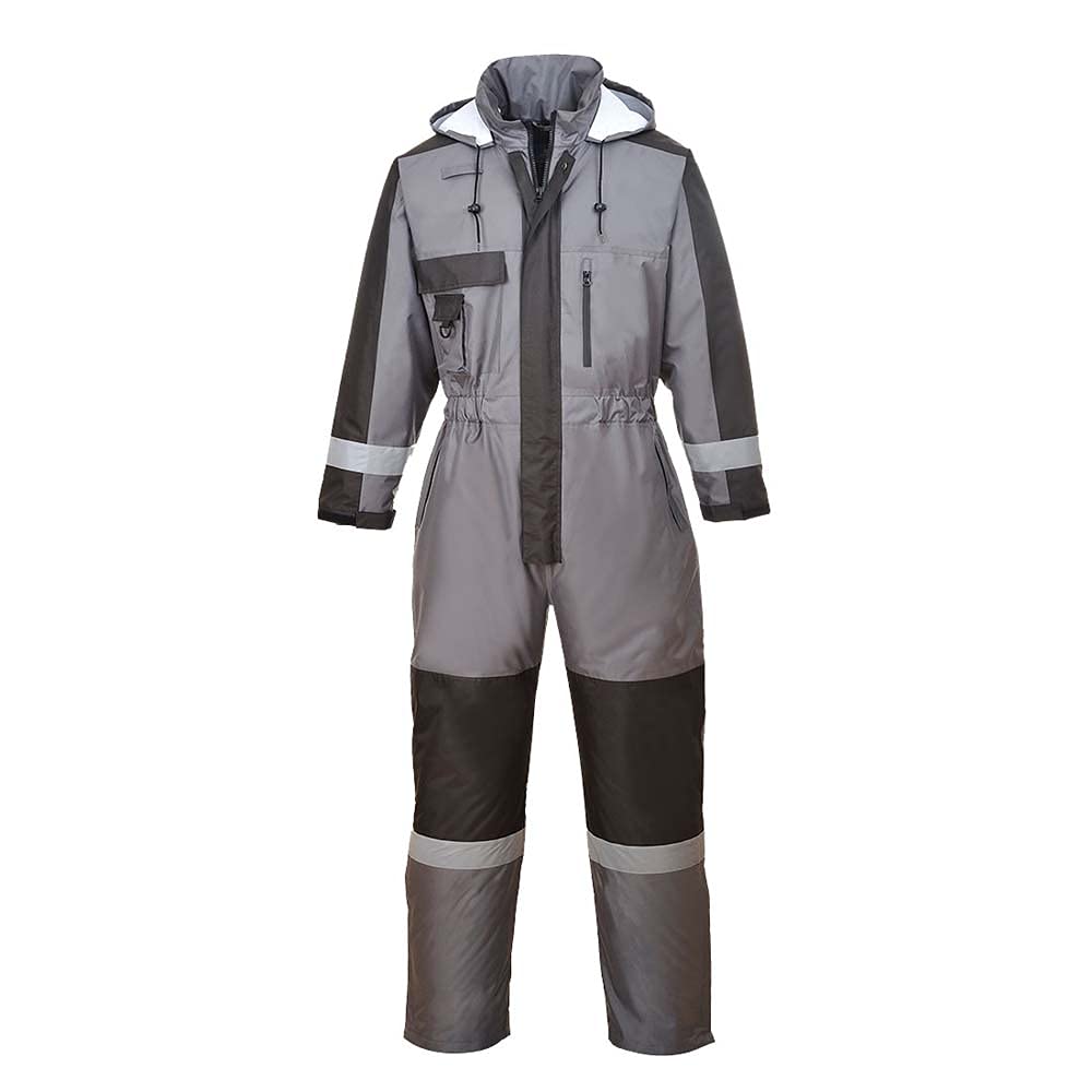 Portwest S585 Men's Hi Vis Winter Work Overalls Waterproof Protective Boiler Suit 300D Polyester Coveralls Durable Thermal Lined Workwear Rain Suit Grey, Large